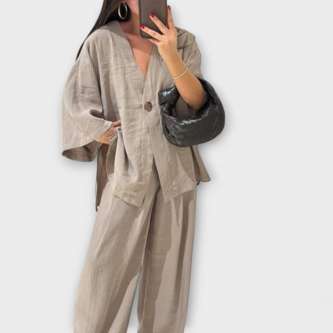 Jacqueline - Dúo de Top Casual de Cuello en V y Pantalones