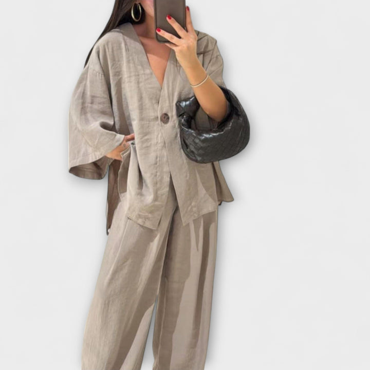 Jacqueline - Dúo de Top Casual de Cuello en V y Pantalones