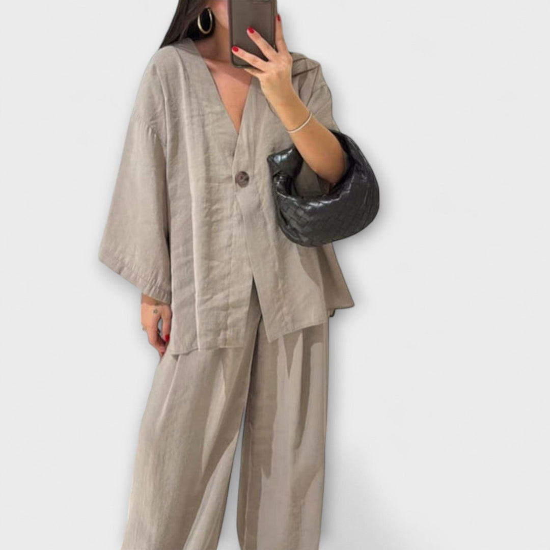 Jacqueline - Dúo de Top Casual de Cuello en V y Pantalones