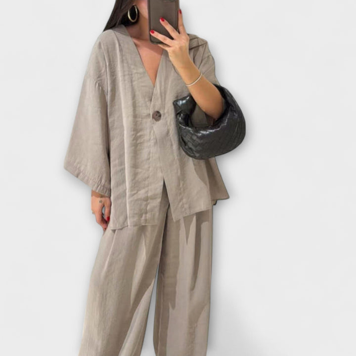 Jacqueline - Dúo de Top Casual de Cuello en V y Pantalones