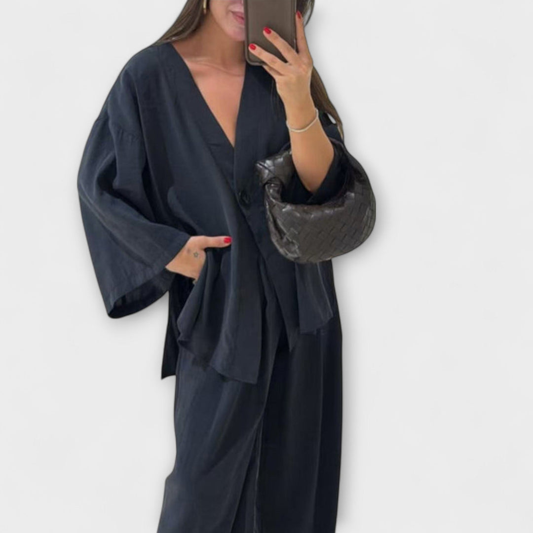 Jacqueline - Dúo de Top Casual de Cuello en V y Pantalones