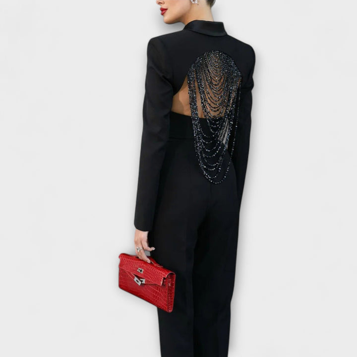 Noa - Conjunto Corto de Blazer sin Espalda con Perlas Negras