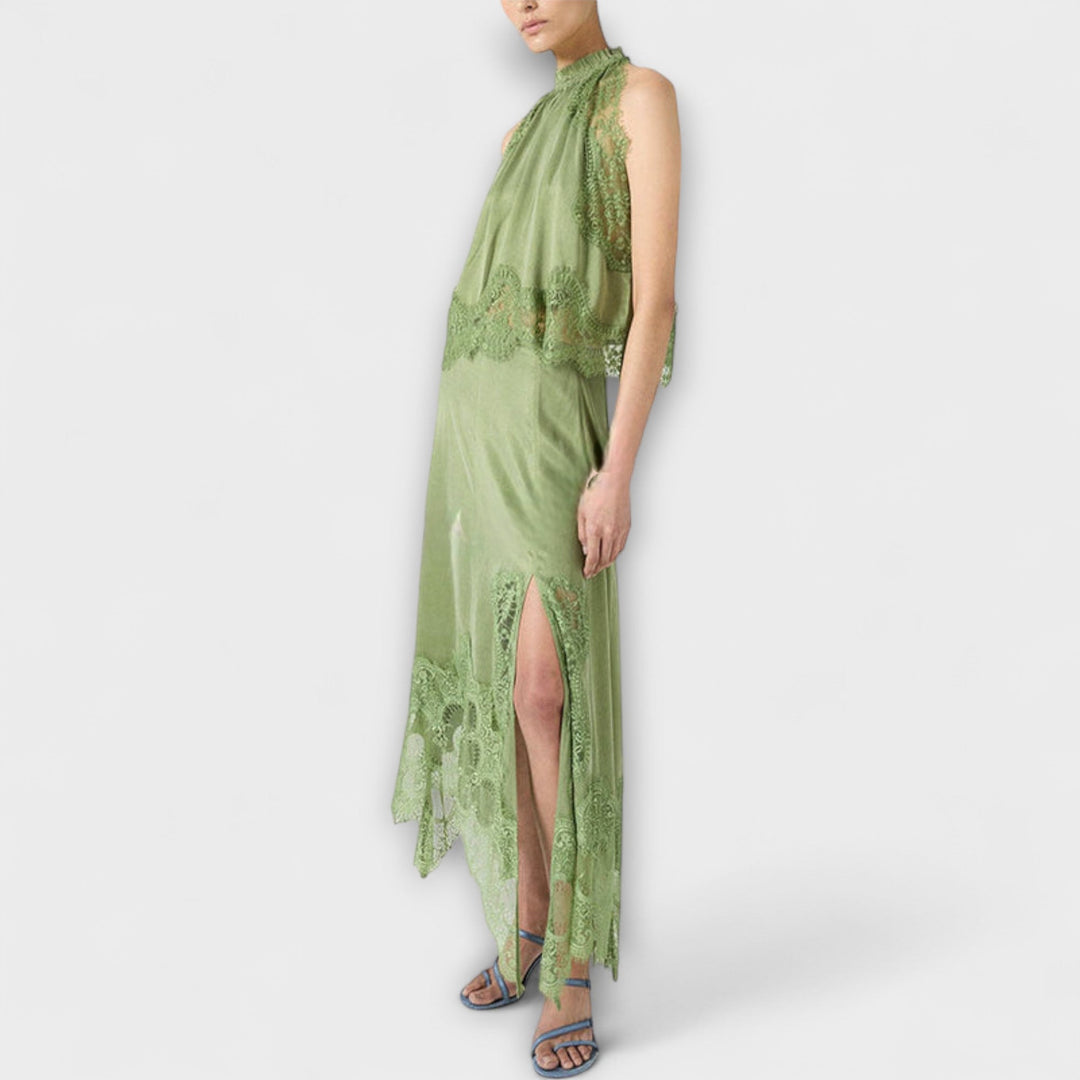 Kaia - Blusa de Satén con Detalles de Encaje y Cuello Plisado