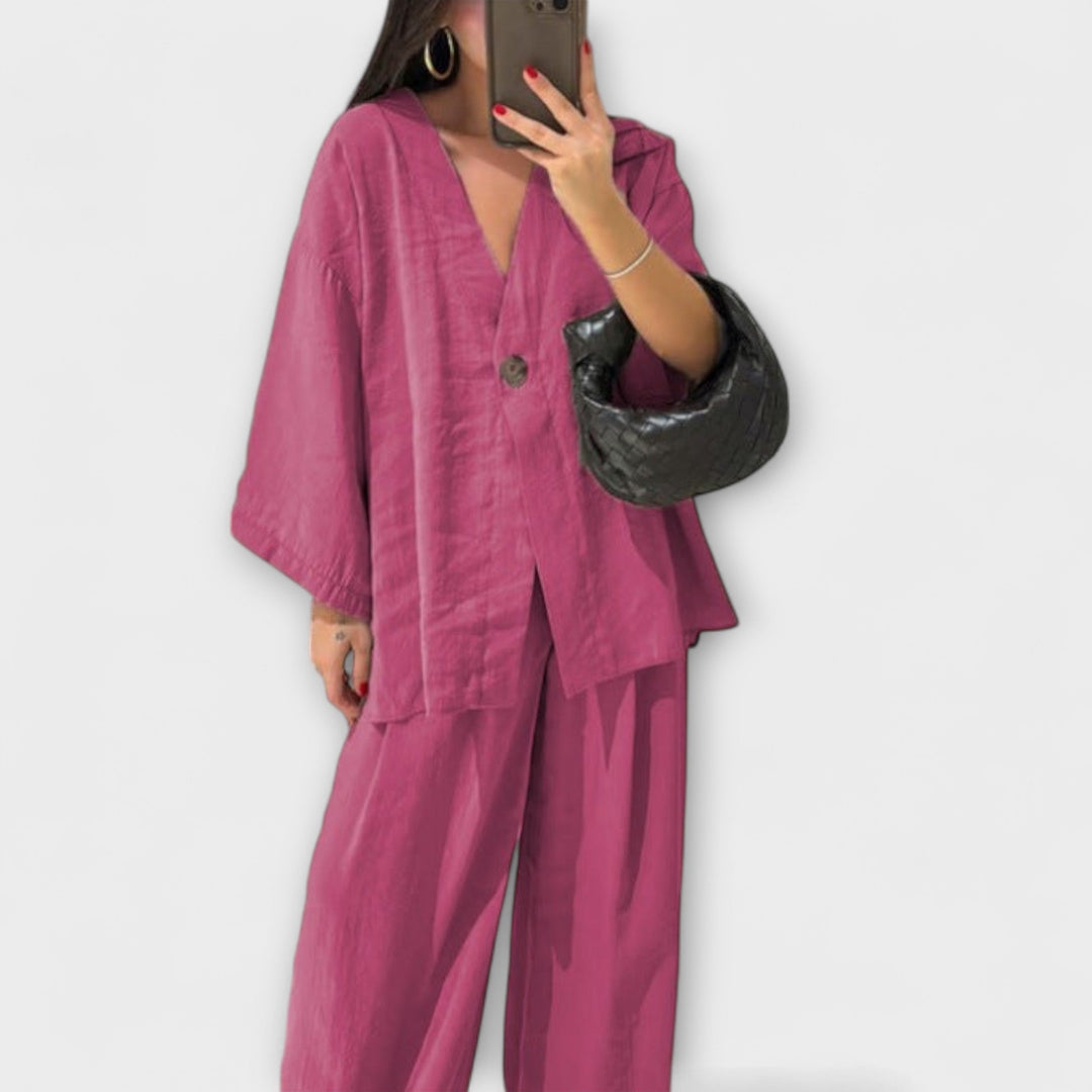 Jacqueline - Dúo de Top Casual de Cuello en V y Pantalones