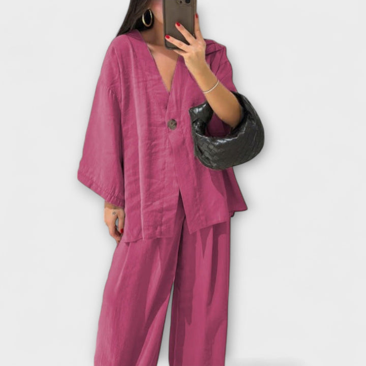 Jacqueline - Dúo de Top Casual de Cuello en V y Pantalones