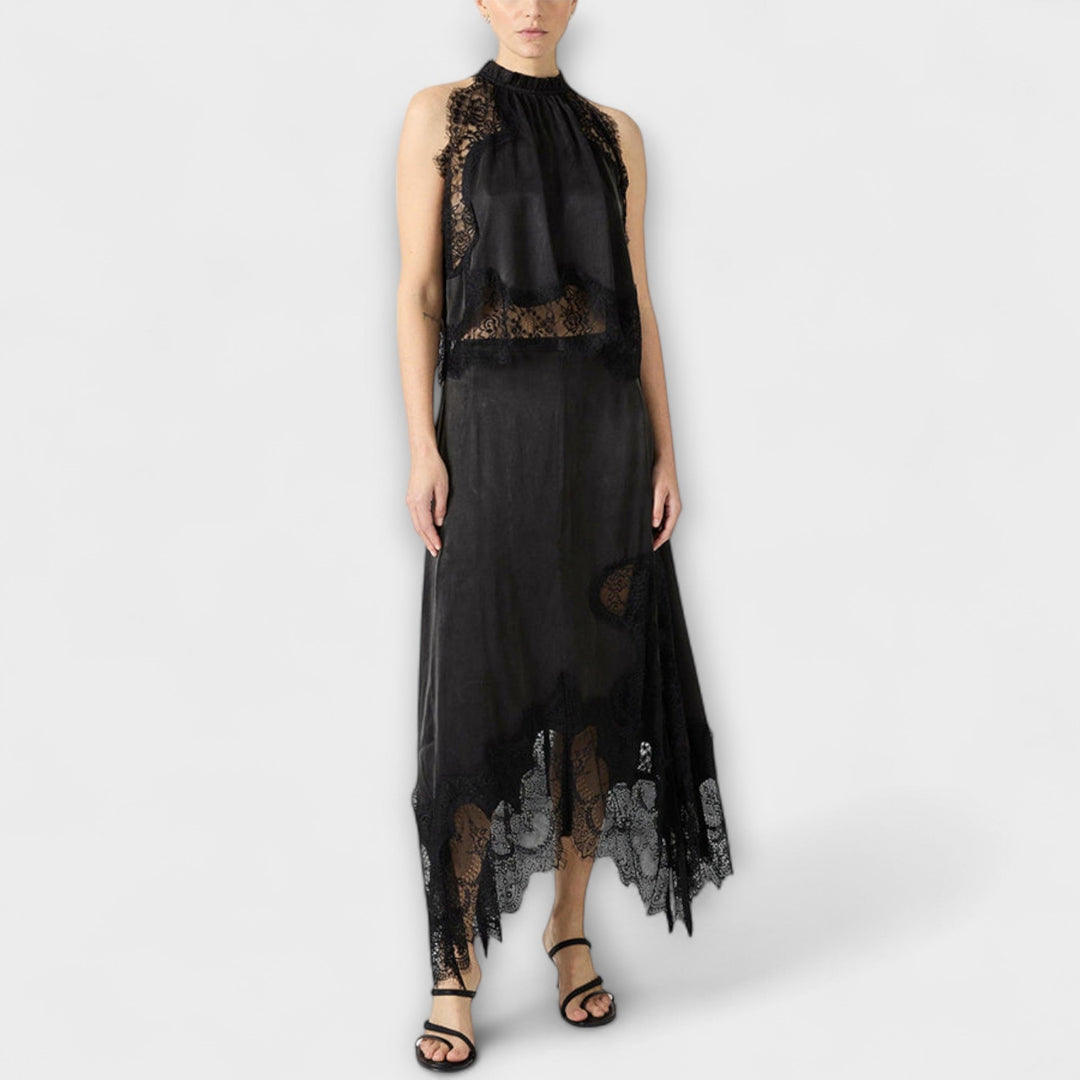 Kaia - Blusa de Satén con Detalles de Encaje y Cuello Plisado