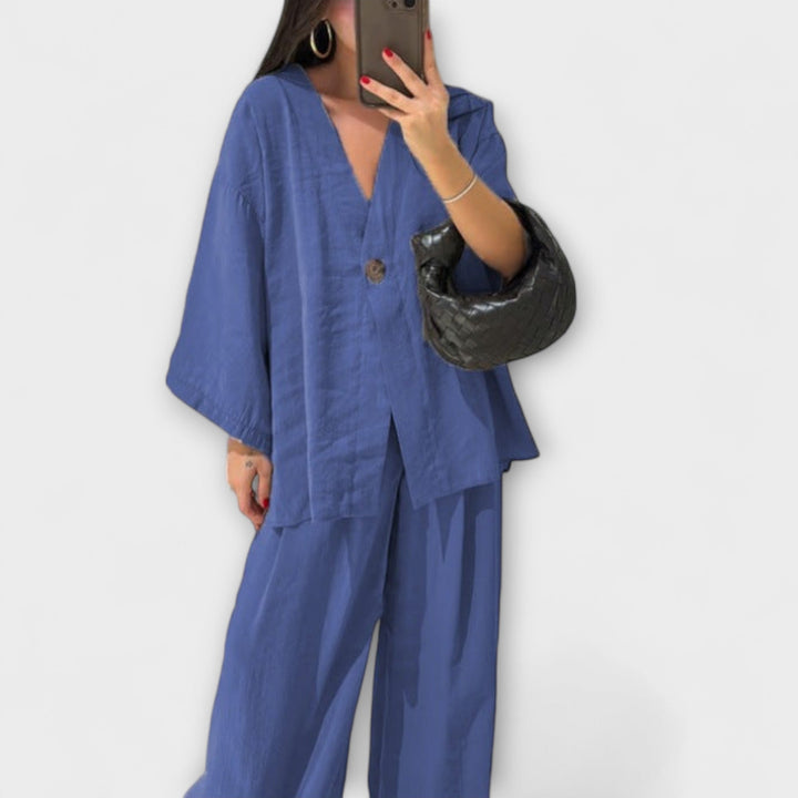 Jacqueline - Dúo de Top Casual de Cuello en V y Pantalones