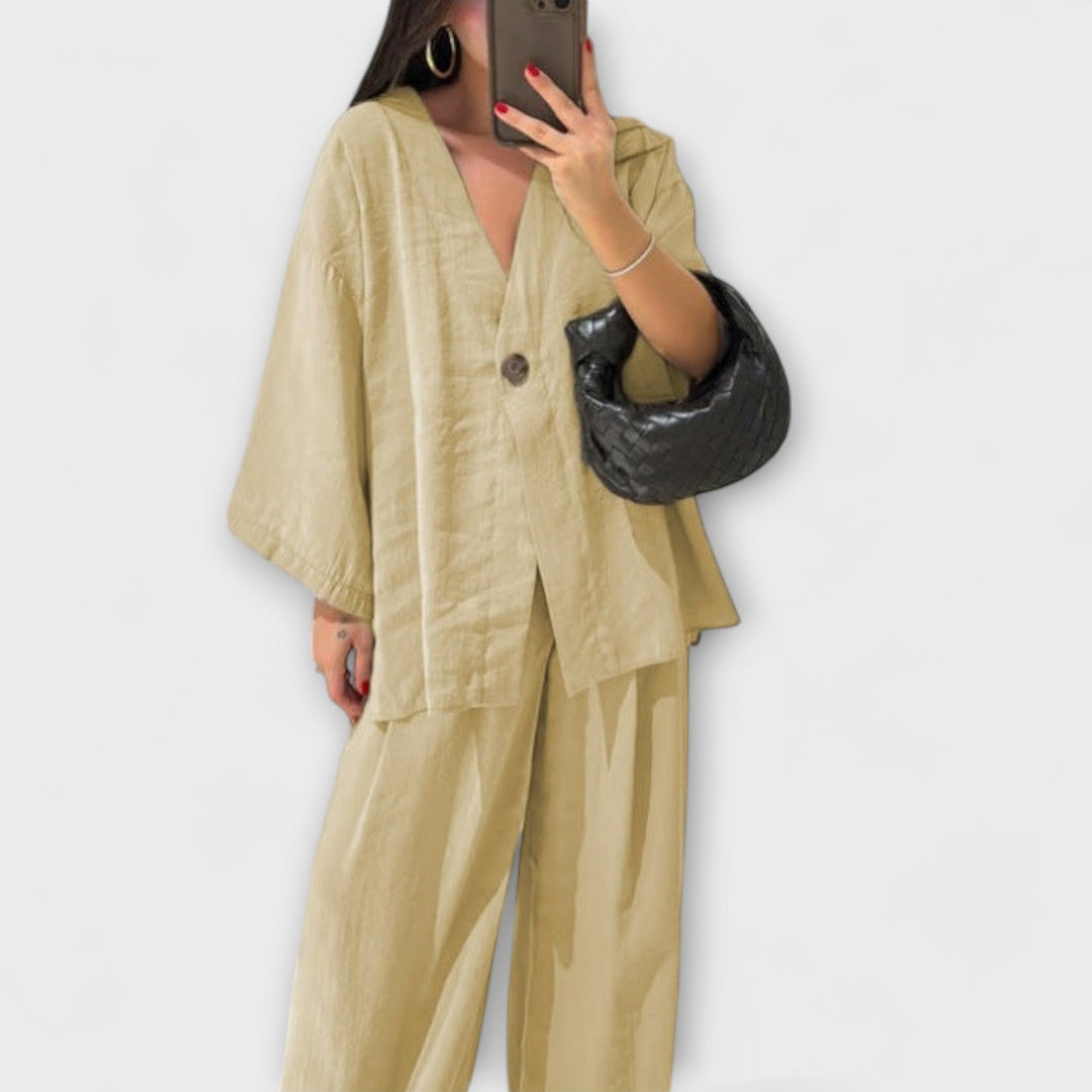 Jacqueline - Dúo de Top Casual de Cuello en V y Pantalones