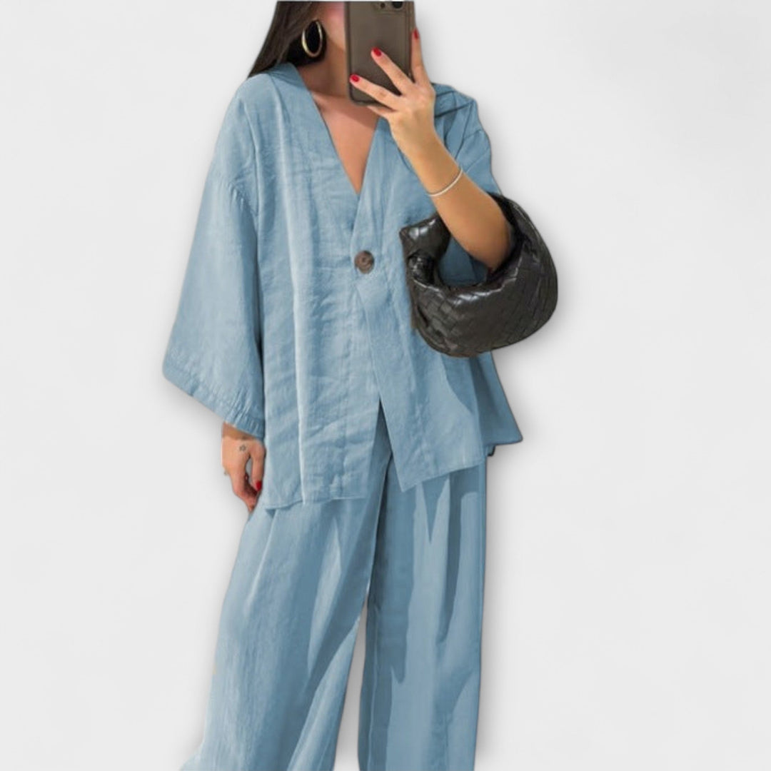 Jacqueline - Dúo de Top Casual de Cuello en V y Pantalones