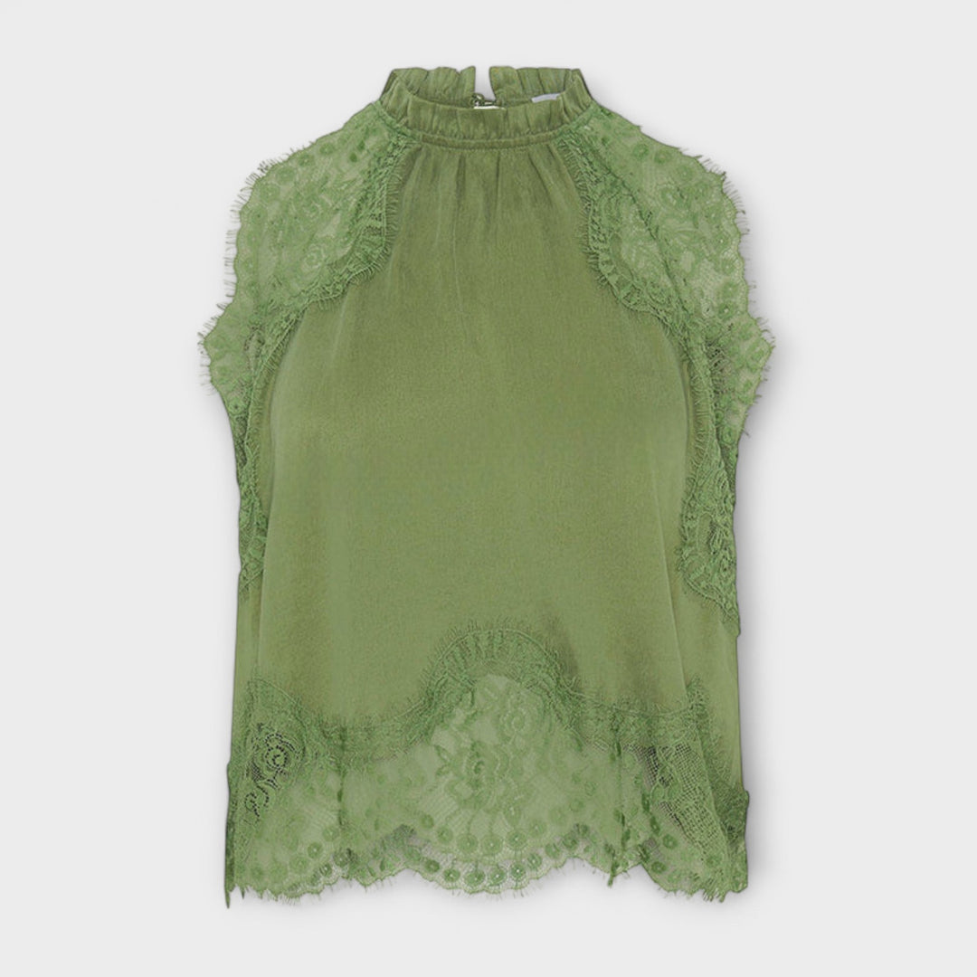 Kaia - Blusa de Satén con Detalles de Encaje y Cuello Plisado