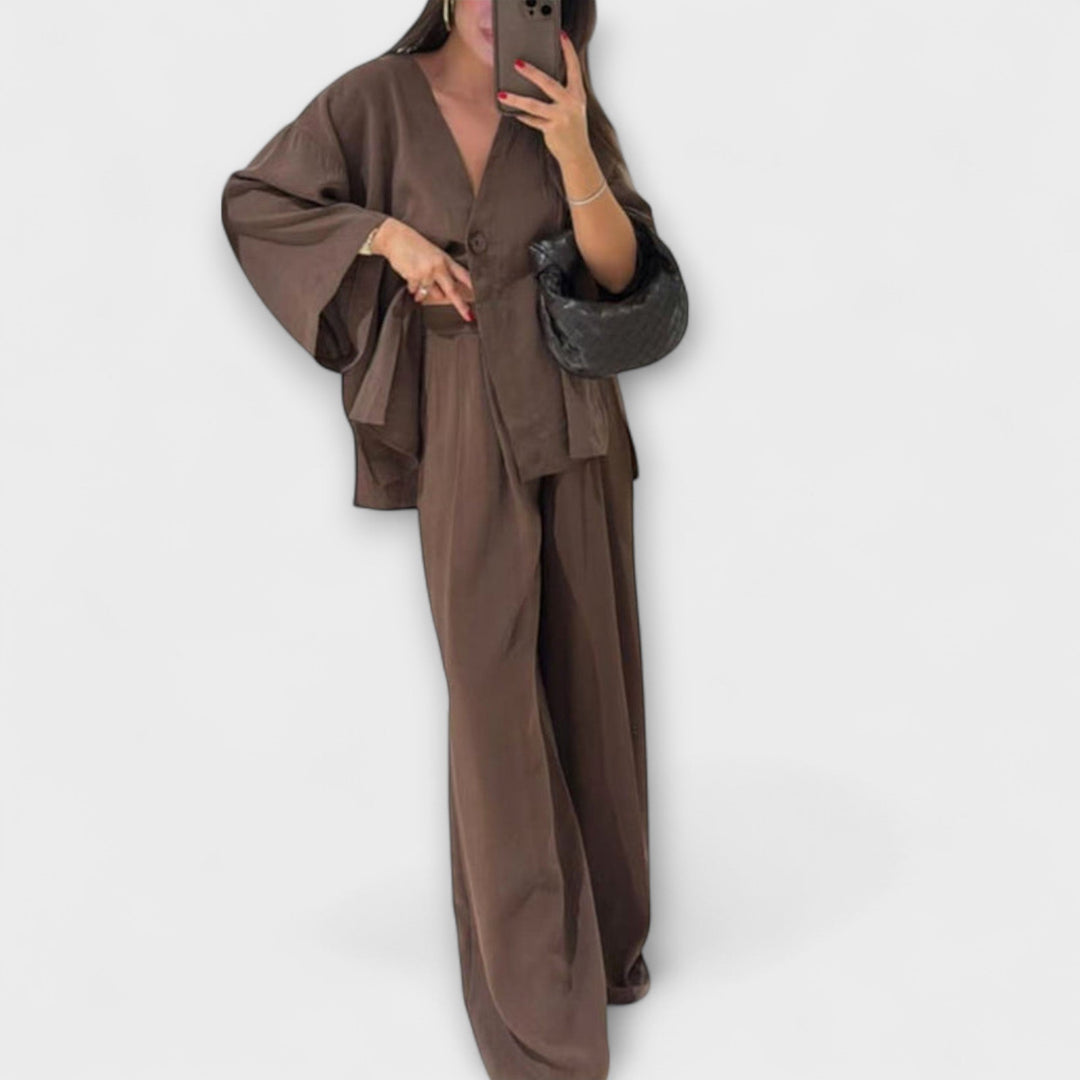 Jacqueline - Dúo de Top Casual de Cuello en V y Pantalones