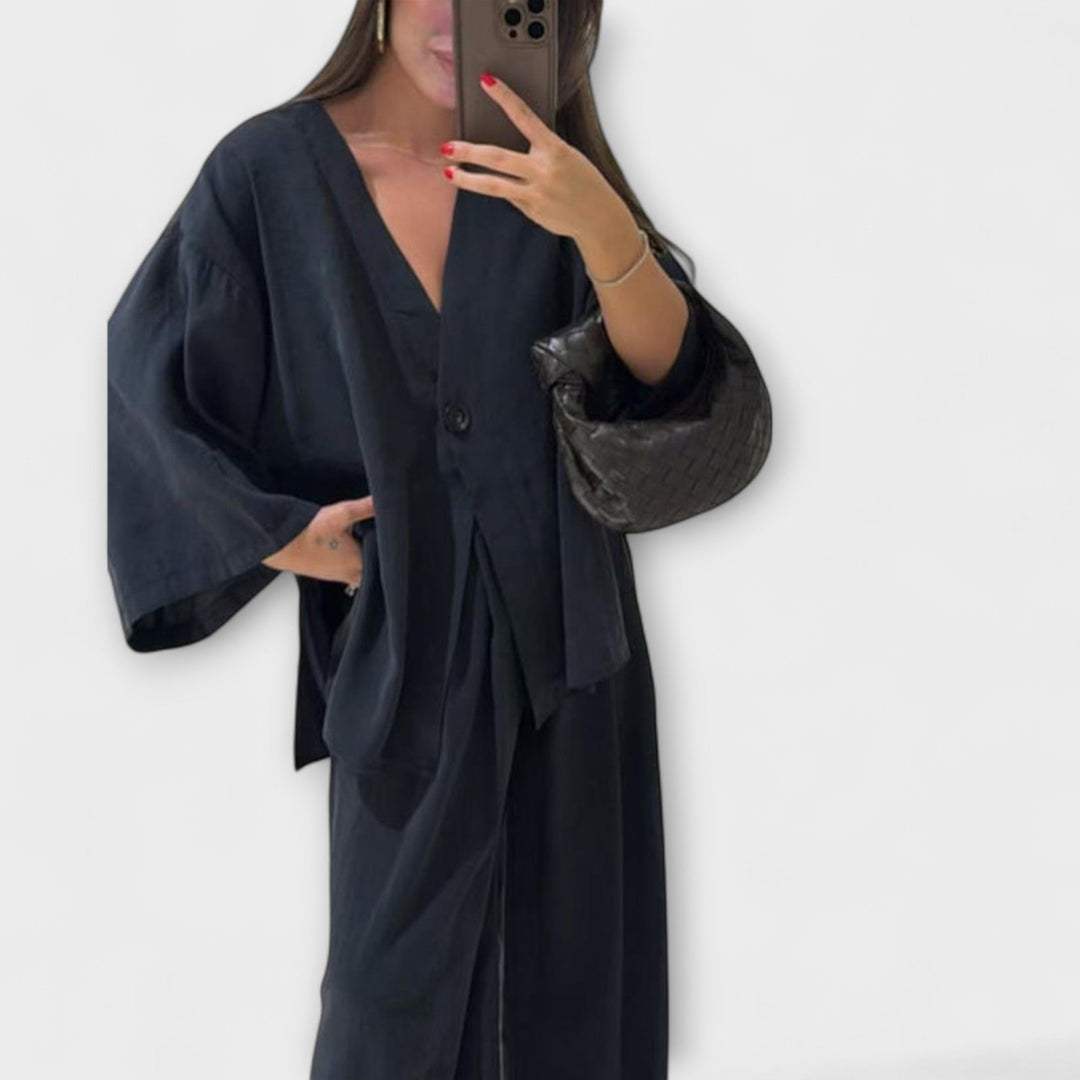 Jacqueline - Dúo de Top Casual de Cuello en V y Pantalones