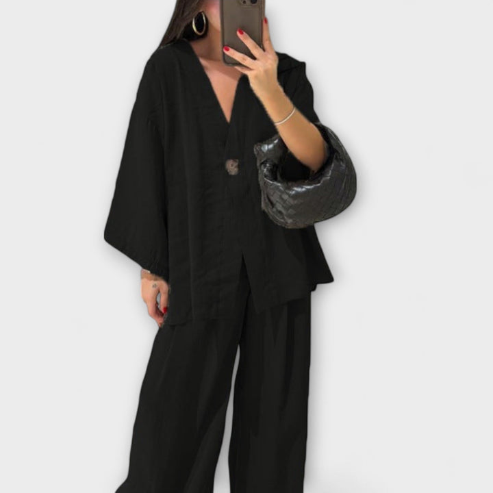 Jacqueline - Dúo de Top Casual de Cuello en V y Pantalones