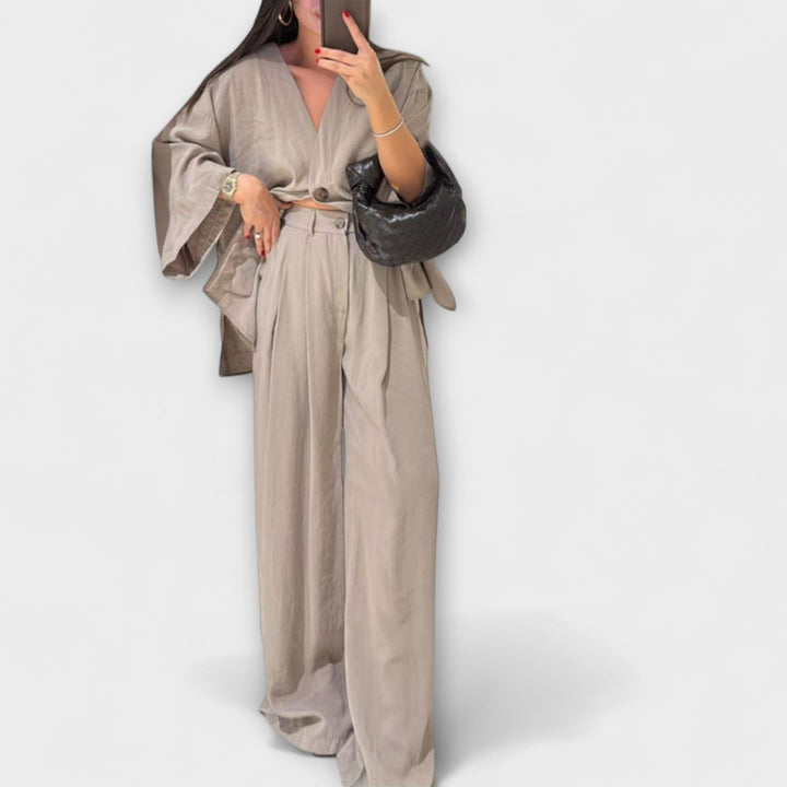 Jacqueline - Dúo de Top Casual de Cuello en V y Pantalones