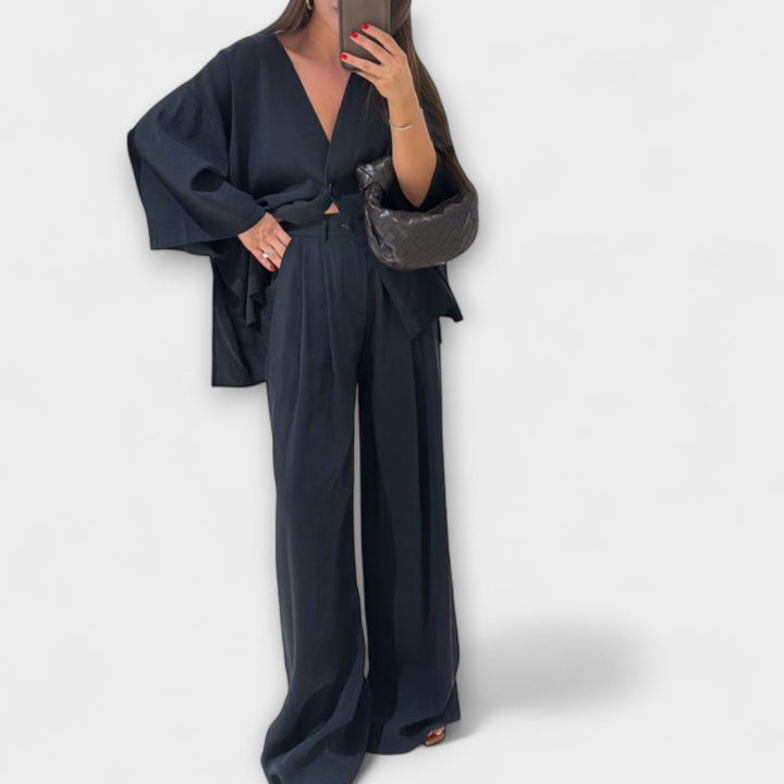 Jacqueline - Dúo de Top Casual de Cuello en V y Pantalones